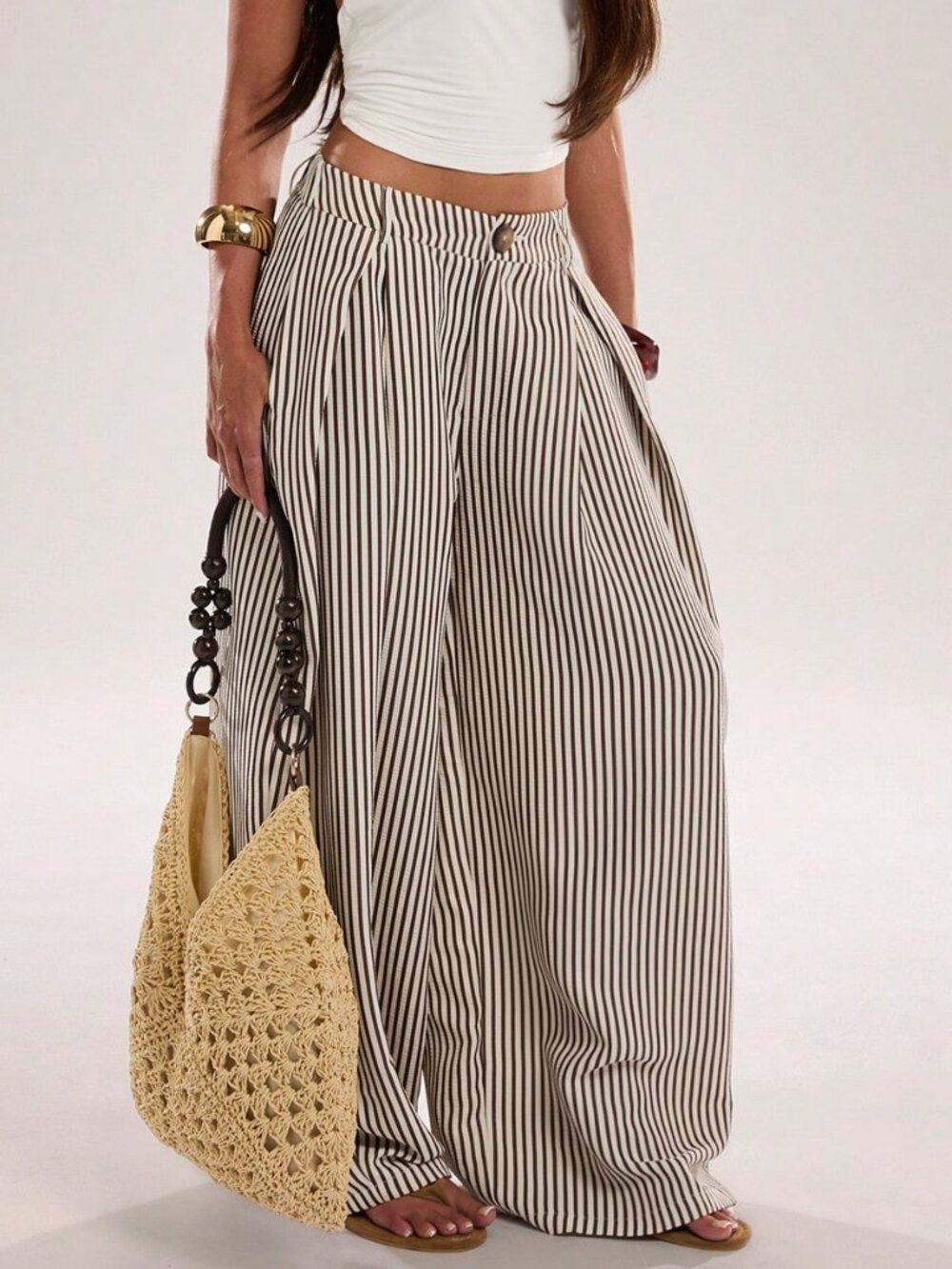 Apricot Casual Women's Checkered Striped Loose Long Curved Pants - Picture 3 of 7
